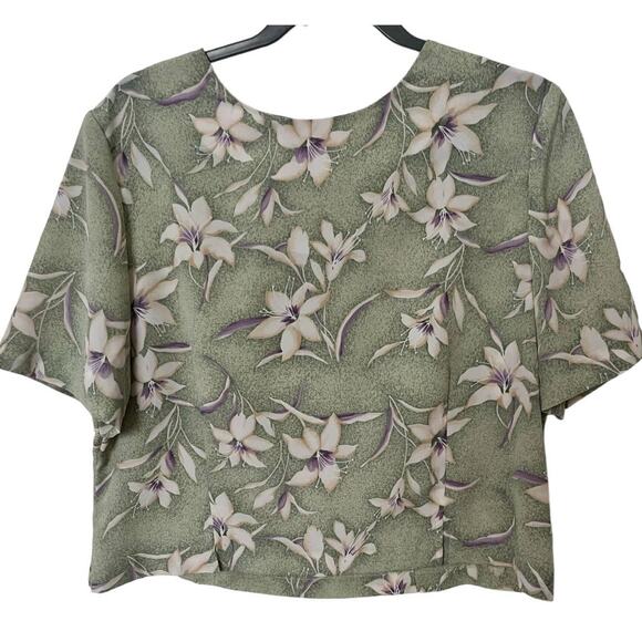 Vintage 80s 90s Light Green white Floral Boho Crop Top Summer Shirt Medium Large - Picture 1 of 6